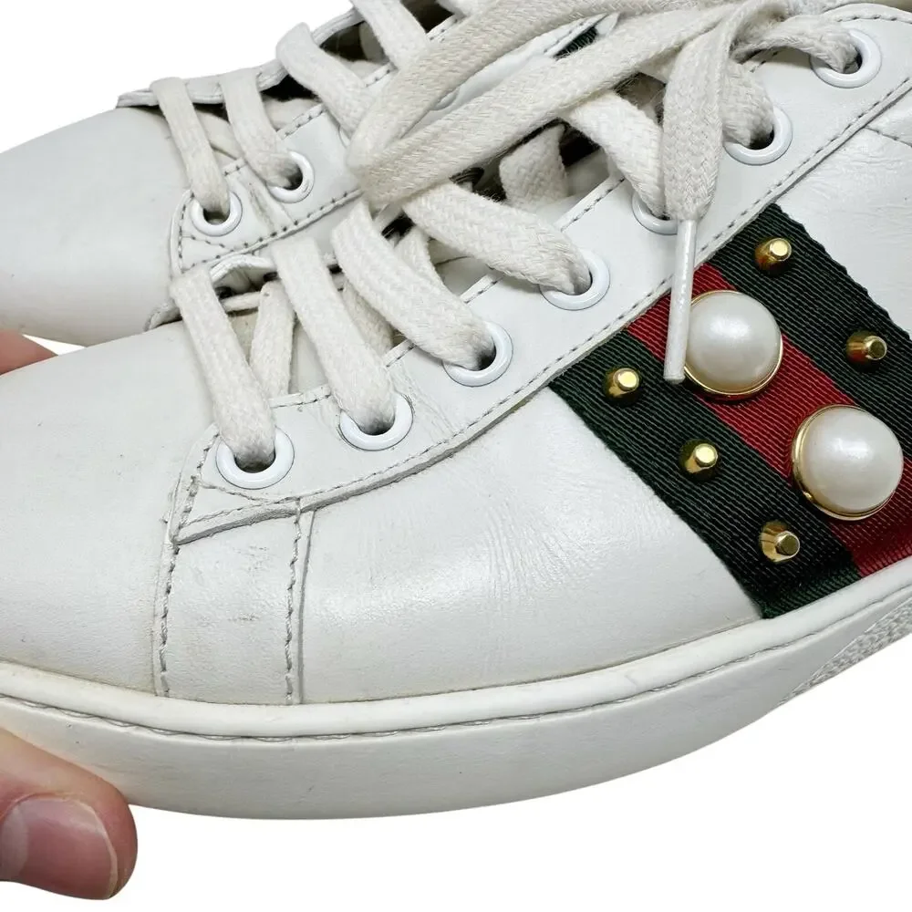 Gucci Ace Sneakers 37 White Leather Pearl Stud Web Stripe Spiked Heel - Picture 7 of 10